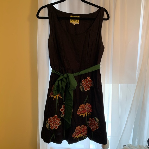Floreat Dresses & Skirts - Floreat Black Sleeveless Dress with Green Sash and Floral Embroidery